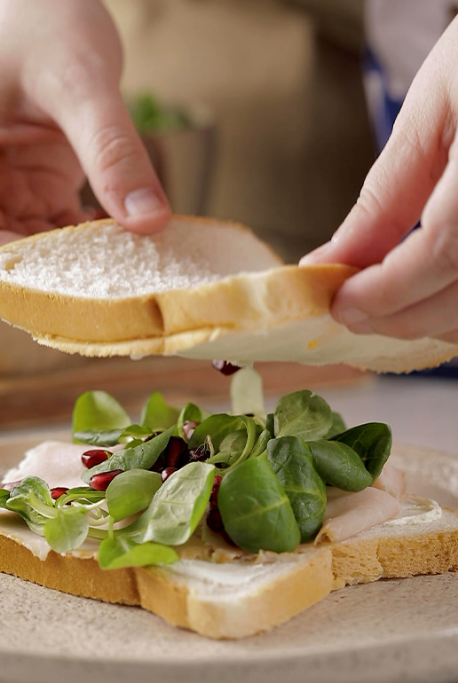 Sandwich con tacchino arrosto, formaggio fresco, melograno e songino